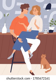 Happy young couple at kitchen sitting together vector flat illustration. Smiling guy hugging funny girl feeling love and tenderness. People talking spending time together at home cuisine interior