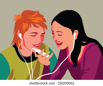 Happy young couple listening music and have romantic time.  
