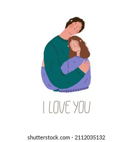 Happy young couple in love. Cute man and woman embracing each other. Flat hand drawn vector illustration.