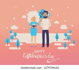 Happy young couple in love in flat style design, card for Valentines Day. Vector illustration of lovers, man and woman with love. 14 february, surprise