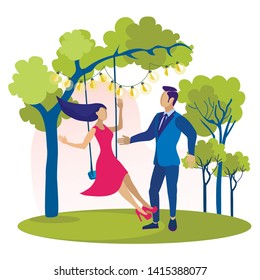 Happy Young Couple in Love Having Fun on Swing. Flat Cartoon Woman and Man, Girlfriend and Boyfriend Spending Time Together in Park. Lovers Enjoying Themselves. Vector Romantic Illustration