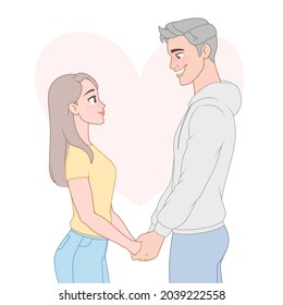 Happy young couple in love holding hands. Cartoon vector illustration. Full length under clipping mask.