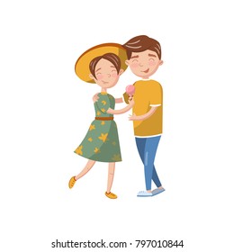 Happy young couple in love hugging cartoon vector Illustration