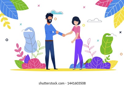 Happy Young Couple in Love Man and Woman on Walk. Husband and Wife Walking in Open Air on Hot Summer Day. Family Weekend Walk Among Plants. Active Family Vacation. Green Crime Plants in City