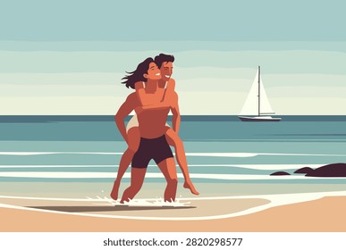 Happy young couple in love playing on the beach with the man giving a piggyback ride to his smiling girlfriend.