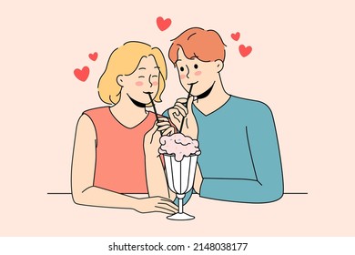 Happy young couple in love sit at table have milkshake together. Smiling man and woman enjoy romantic date together in cafe. Eating out. Relationships concept. Vector illustration. 