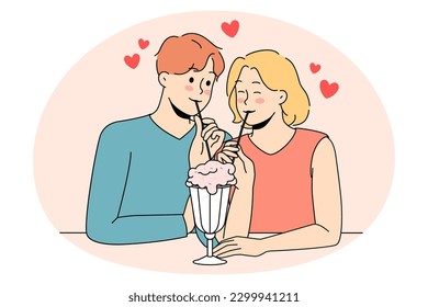 Felices parejas jóvenes enamoradas sentadas a la mesa se dan un batido de ordeño juntos. Un hombre y una mujer sonrientes disfrutan juntos una cita romántica en la cafetería. Comer fuera. Concepto de relaciones. Ilustración vectorial.