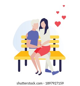 Happy young couple. Loving couple during date, romantic, hugging, kiss. Valentine's Day love and feelings. Human characters on white background. Color vector illustration