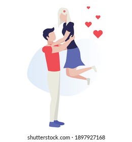 Happy young couple. Loving couple during date, romantic, hugging, kiss. Valentine's Day love and feelings. Human characters on white background. Color vector illustration
