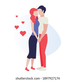 Happy young couple. Loving couple during date, romantic, hugging, kiss. Valentine's Day love and feelings. Human characters on white background. Color vector illustration