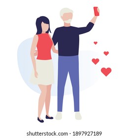 Happy young couple. Loving couple during date, romantic, hugging, kiss. Valentine's Day love and feelings. Human characters on white background. Color vector illustration