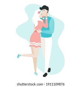 Happy young couple. Loving couple during date, romantic, hugging, kiss. Valentine's Day love and feelings. Human characters on white background. Color vector illustration