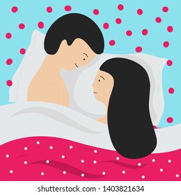 Happy young couple lying in bed in love. Man and woman look on each other. Romantic relationships, honeymoon. Vector illustration