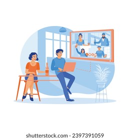 Happy young couple making a video call with their friends. Enjoy virtual evening parties from home. virtual Relationships concept. Trend Modern vector flat illustration