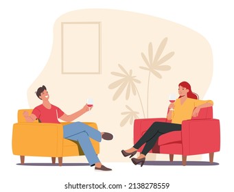 Happy Young Couple Male and Female Characters Sitting at Armchairs in Room Holding Wineglasses in Hands. Man and Woman Dating, Celebrate Holidays, Drink Alcohol at Home. Cartoon Vector Illustration