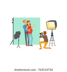 Happy young couple, man and pregnant woman in photo studio. Photographer sitting on his knee and taking family picture by camera. Cartoon people characters. Flat vector