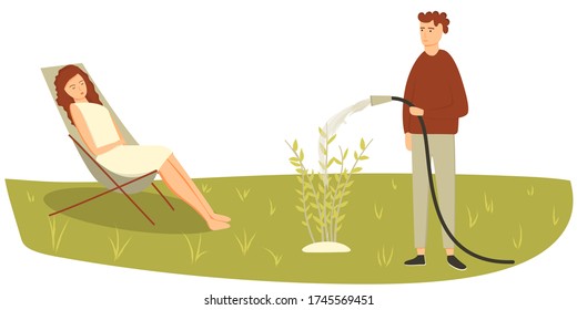 Happy young couple man and woman spend time outside together. Relaxing in deck chair in village countryside, fresh air, outdoors activity. Green grass, warm summer. Watering plants, sunbathing. Flat.