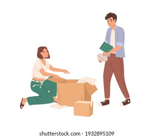 Happy young couple of man and woman packing things in cardboard boxes together. Relocation concept. Colored flat cartoon vector illustration of family with packages isolated on white background