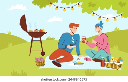 Happy young couple, man and woman having a picnic in the park outdoors. Picnic. Picnic basket, grill, meat. Flat linear illustration