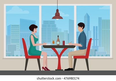 Happy young couple meeting and having lanch at cafe restaurant interior. Vector cartoon illustration