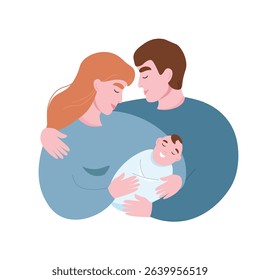 Happy young couple with a newborn baby in their arms. Parents are happy together. Vector flat graphics.