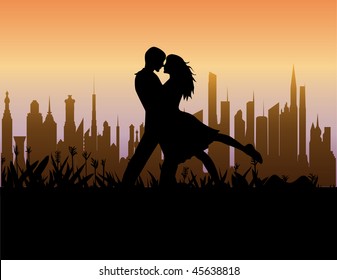 The happy young couple on the background of the city. Vector.