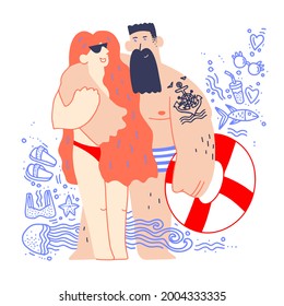 Fröhliches junges Paar am Strand, das sich umarmt. Sommerurlaub, Strandurlaub im Cartoon-Stil. Liebende Charaktere paaren sich Zeit an der Küste zu verbringen.