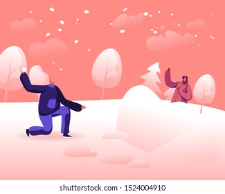 Happy Young Couple Playing Snowballs Fight on Snowy Winter Landscape Outdoors Background. Girl Hiding behind of Ice Fortress Aiming with Snow Ball to Cheerful Man. Cartoon Flat Vector Illustration