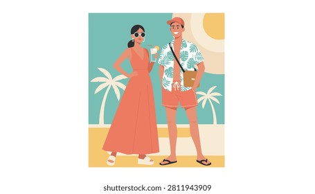 Happy young couple posing on a beautiful tropical beach wearing summer holiday clothes with palm trees in the background.