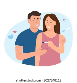 Happy young couple with positive pregnancy test result. Pregnancy test  showing two line. Family planning healthcare vector concept. 