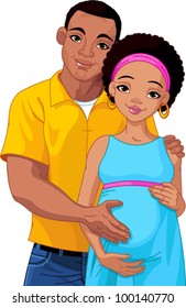  Happy young couple with pregnant belly