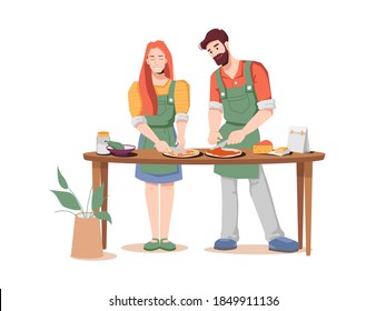 Happy young couple preparing pizza together isolated flat-cartoon man and woman. Vector young husband and wife cooks fast food snack, bakery food product with meat and vegetables, Italian cuisine dish