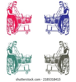 Happy Young Couple Pushing Trolley When Shopping Daily Goods At Supermarket Vector Illustration
