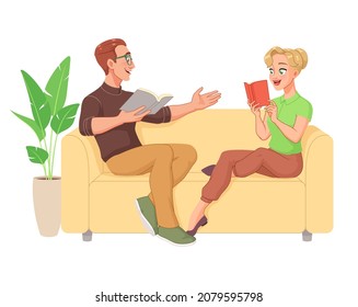 Happy young couple reading books sitting on the couch. Man and woman love literature. Cartoon vector illustration isolated on white background.