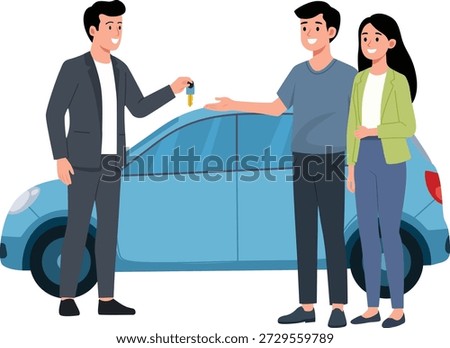 Happy young couple receiving car keys from a dealer while standing next to their new car. Clean flat vector illustration representing car purchase, vehicle ownership, dealership experience, sstkfamily