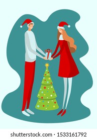 Happy young couple in red caps celebrating winter holidays. They stand near Christmas tree and  hold a present. Vector illustration for poster, card.