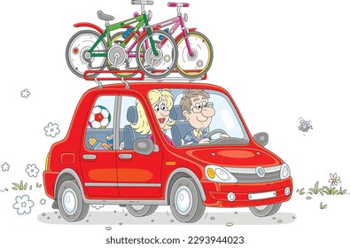 Happy young couple in a red car with bikes on a roof going out of town for a bicycle ride through a countryside on summer vacation, vector cartoon illustration isolated on a white background