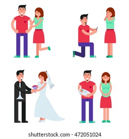Happy young couple relationships. Dating, proposing, marriage and birth of baby vector illustration. Love affairs and family image.