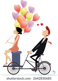 Happy young couple rides a bicycle. 
Happy lovers characters. Happy young man and young woman with air balloons in the hand ride a bicycle. Isolated on white background
