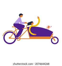 Happy young couple rides long john bike with a dog fast. Guy is carrying a happy girl in lastenfahrrad bicycle. Backfiets cycle. Flat vector illustration