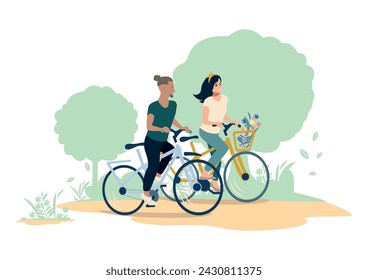 Pareja joven feliz montando bicicletas en el parque. Estilo de vida saludable y activo. Ilustración vectorial en estilo simple.