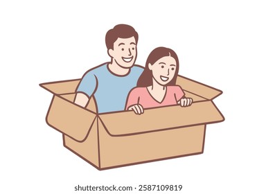 Happy young couple rolling around in cardboard boxes during renovation and moving. Hand drawn style vector design illustrations.