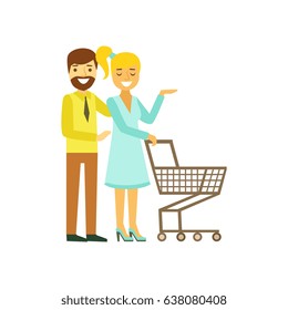 Happy young couple with shopping cart. Family shopping colorful character vector Illustration