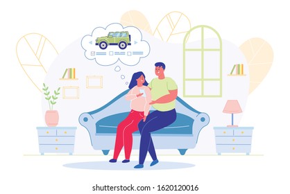 Happy Young Couple Sitting on Sofa at Home Watching Car for Purchase in Mobile Internet Application. Family Members Choosing Auto for Transportation or Travelling. Cartoon Flat Vector Illustration
