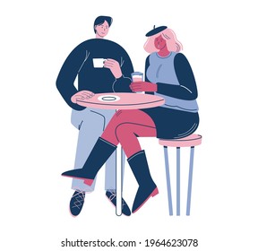 Happy young couple sitting at table in cafe, enjoying coffee drink and talking to each other, flat vector illustration. Colleagues, friends taking coffee break.