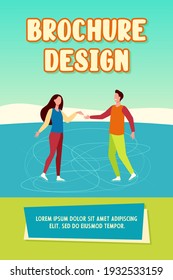 Happy young couple skating on ice. Man and woman dating outdoors flat vector illustration. Winter activities, active lifestyle concept for banner, website design or landing web page