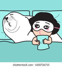 Happy Young Couple Sleeping In Bed. Woman With Funny Sleeping Eye Mask Laying On Her Seal Boyfriend. Love And Relationships Concept Card Character illustration