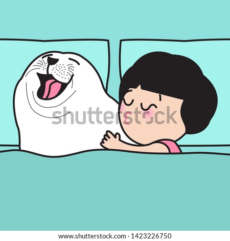 Happy Young Couple Sleeping In Bed. Woman Hugging Tight Her Seal Face Boyfriend Who Opening Mouth While Sleeping. Love And Relationships Concept Card Character illustration