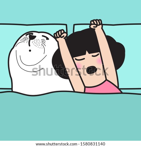 Happy Young Couple Sleeping In Bed. Woman Hit Her Seal Face Boyfriend With Her Arms While Sleeping. Love And Relationships Concept Card Character illustration
