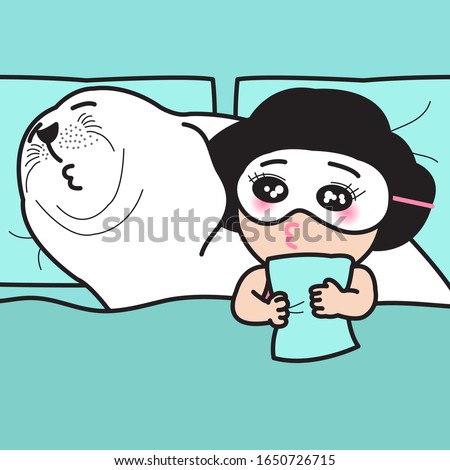 Happy Young Couple Sleeping In Bed. Woman With Funny Sleeping Eye Mask Laying On Her Seal Boyfriend. Love And Relationships Concept Card Character illustration